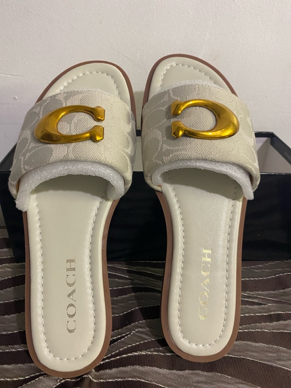 Coach Cream Logo Slide Sandals with Gold Accent - Picture 2 of 6